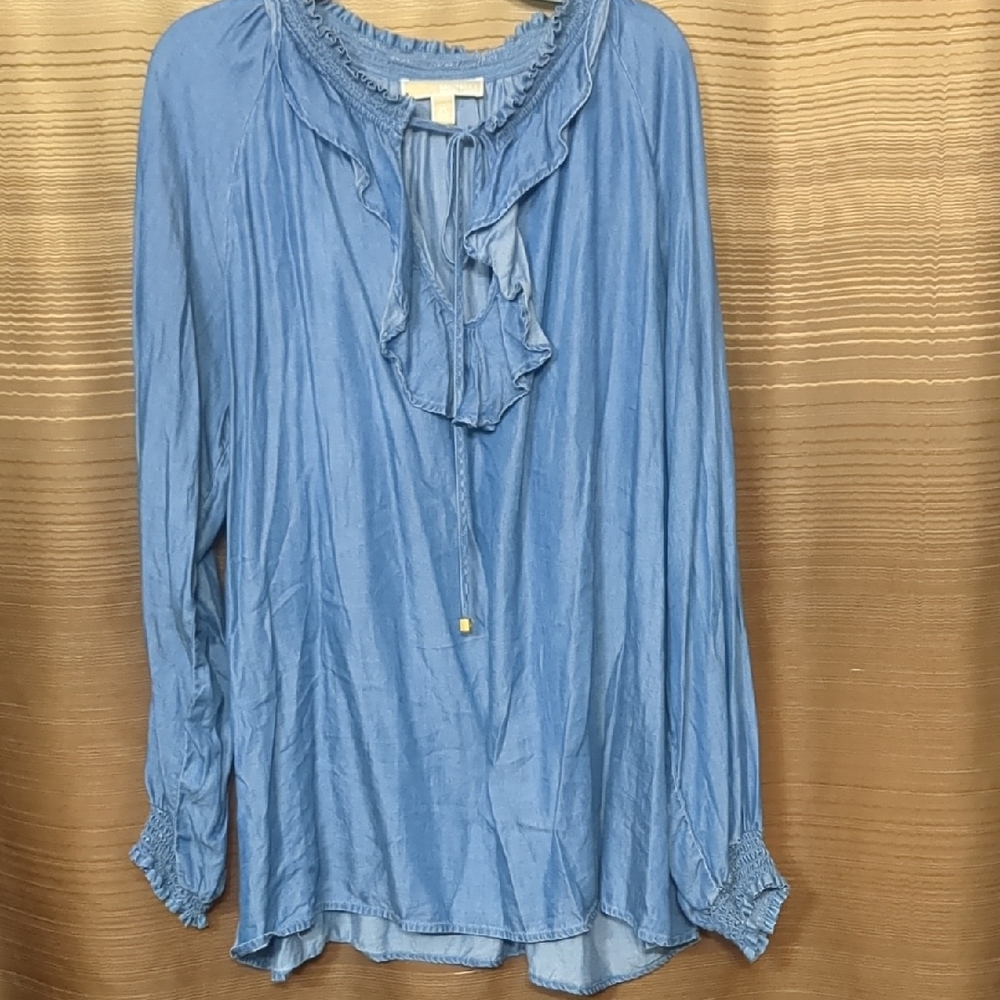 Michael Kors. Light Blue Denim Ruffle Tie-Neck Long Sleeve Blouse Size 2x